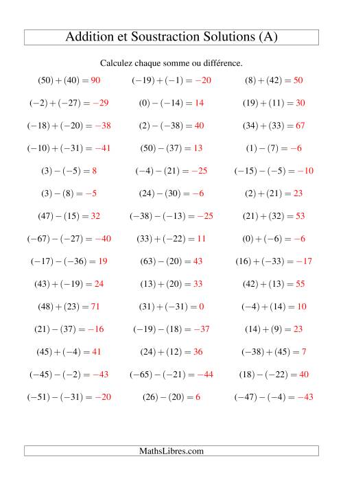 Addition et soustraction de nombres entiers avec parenthèses autour de chaque entier (-50 à 50) (45 par page) (A) page 2