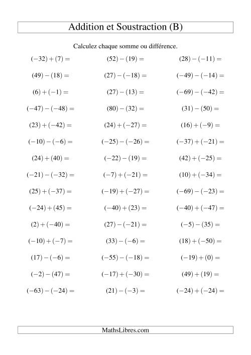 Addition et soustraction de nombres entiers avec parenthèses autour de chaque entier (-50 à 50) (45 par page) (B)