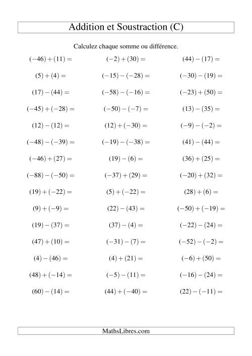 Addition et soustraction de nombres entiers avec parenthèses autour de chaque entier (-50 à 50) (45 par page) (C)