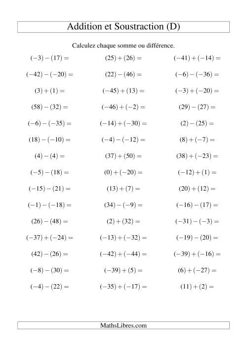 Addition et soustraction de nombres entiers avec parenthèses autour de chaque entier (-50 à 50) (45 par page) (D)