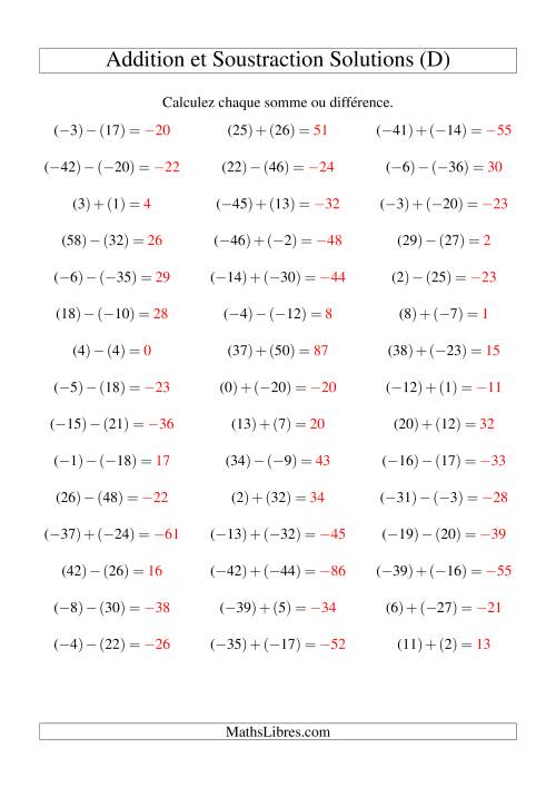 Addition et soustraction de nombres entiers avec parenthèses autour de chaque entier (-50 à 50) (45 par page) (D) page 2
