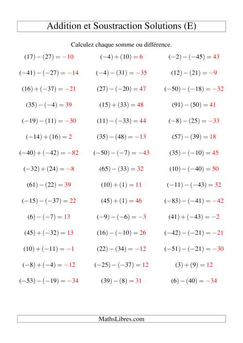 Addition et soustraction de nombres entiers avec parenthèses autour de chaque entier (-50 à 50) (45 par page) (E) page 2
