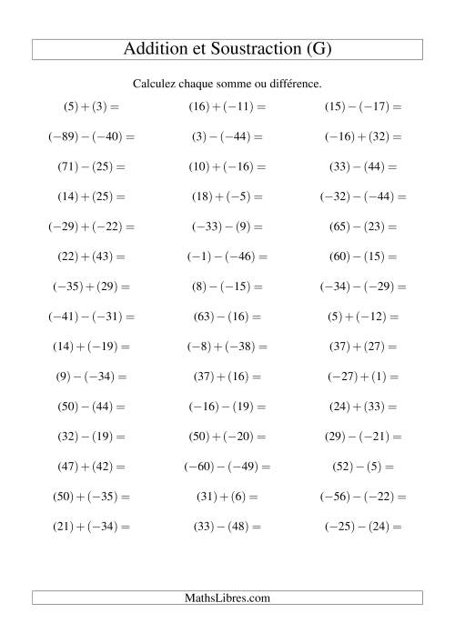 Addition et soustraction de nombres entiers avec parenthèses autour de chaque entier (-50 à 50) (45 par page) (G)