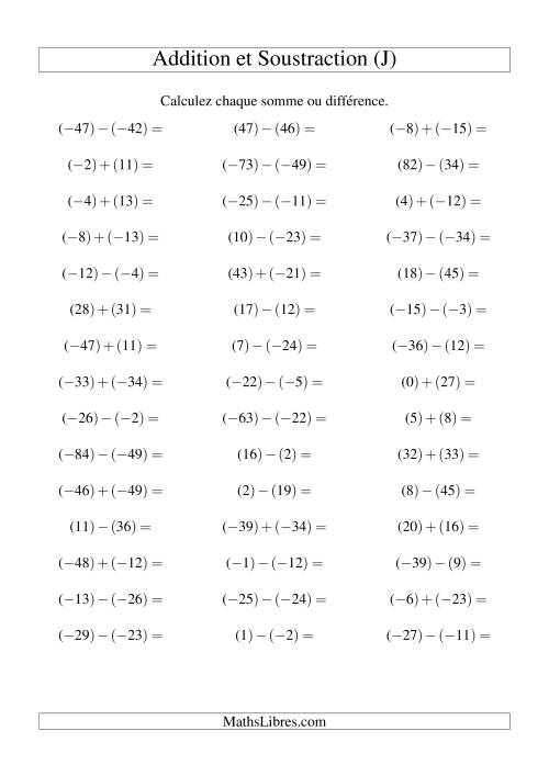 Addition et soustraction de nombres entiers avec parenthèses autour de chaque entier (-50 à 50) (45 par page) (J)