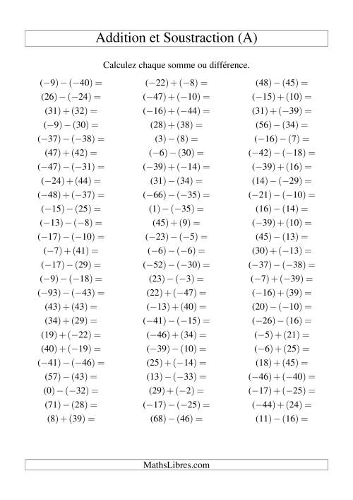 Addition et soustraction de nombres entiers avec parenthèses autour de chaque entier (-50 à 50) (75 par page) (Tout)