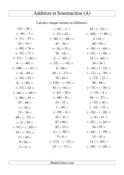 Addition et soustraction de nombres entiers avec parenthèses autour des entiers négatifs seulement (-99 à 99) (75 par page)