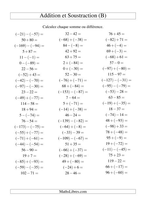 Addition et soustraction de nombres entiers avec parenthèses autour des entiers négatifs seulement (-99 à 99) (75 par page) (B)