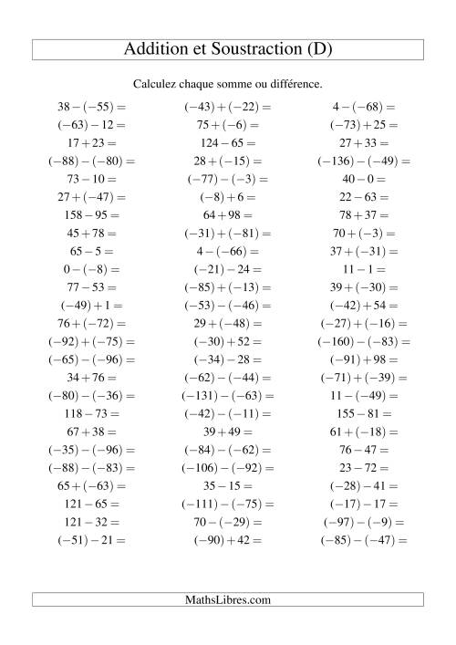Addition et soustraction de nombres entiers avec parenthèses autour des entiers négatifs seulement (-99 à 99) (75 par page) (D)