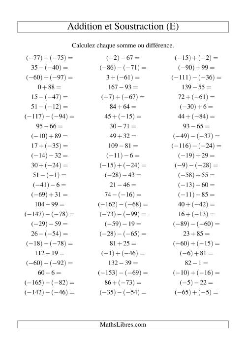Addition et soustraction de nombres entiers avec parenthèses autour des entiers négatifs seulement (-99 à 99) (75 par page) (E)