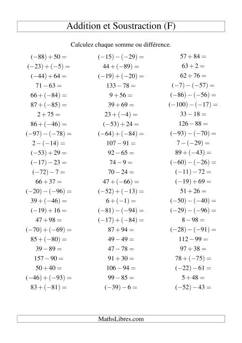 Addition et soustraction de nombres entiers avec parenthèses autour des entiers négatifs seulement (-99 à 99) (75 par page) (F)