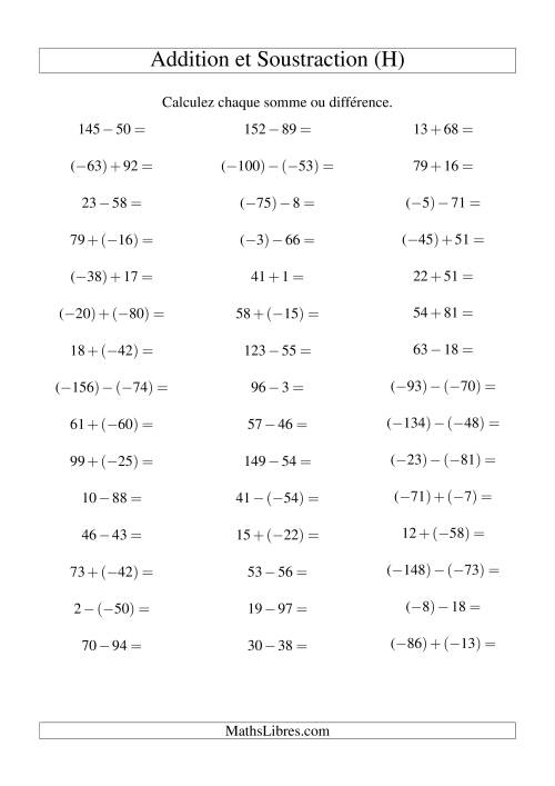 Addition et soustraction de nombres entiers avec parenthèses autour des entiers négatifs seulement (-99 à 99) (45 par page) (H)