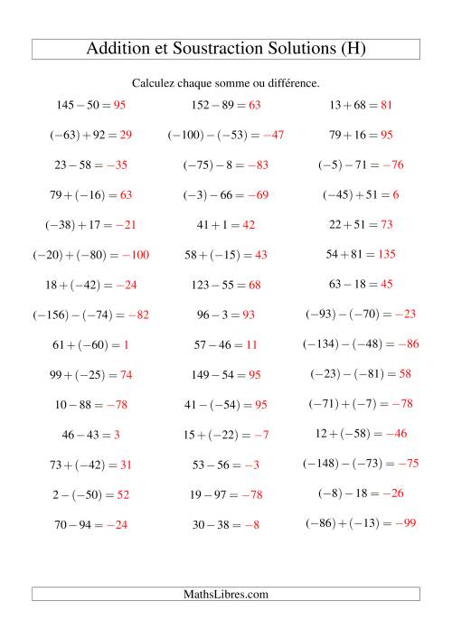 Addition et soustraction de nombres entiers avec parenthèses autour des entiers négatifs seulement (-99 à 99) (45 par page) (H) page 2