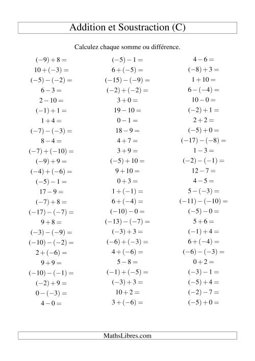 Addition et soustraction de nombres entiers avec parenthèses autour des entiers négatifs seulement (-10 à 10) (75 par page) (C)