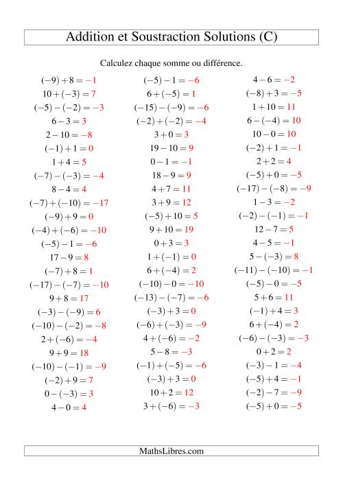 Addition et soustraction de nombres entiers avec parenthèses autour des entiers négatifs seulement (-10 à 10) (75 par page) (C) page 2