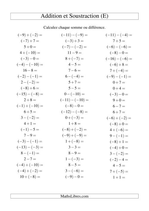 Addition et soustraction de nombres entiers avec parenthèses autour des entiers négatifs seulement (-10 à 10) (75 par page) (E)