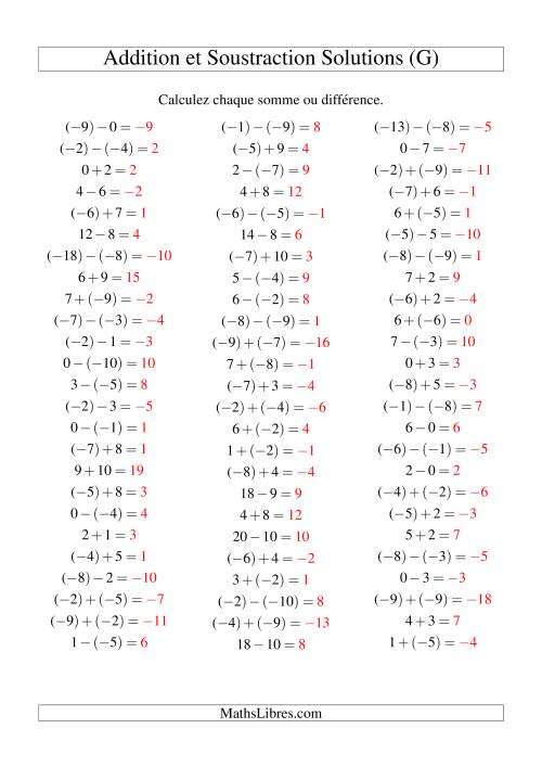 Addition et soustraction de nombres entiers avec parenthèses autour des entiers négatifs seulement (-10 à 10) (75 par page) (G) page 2
