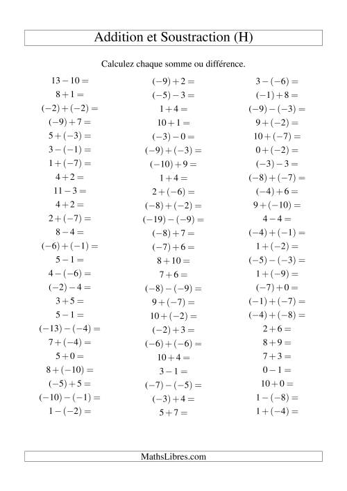 Addition et soustraction de nombres entiers avec parenthèses autour des entiers négatifs seulement (-10 à 10) (75 par page) (H)