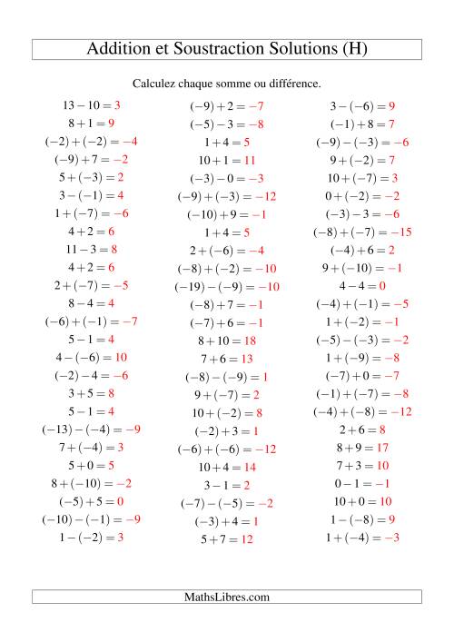Addition et soustraction de nombres entiers avec parenthèses autour des entiers négatifs seulement (-10 à 10) (75 par page) (H) page 2