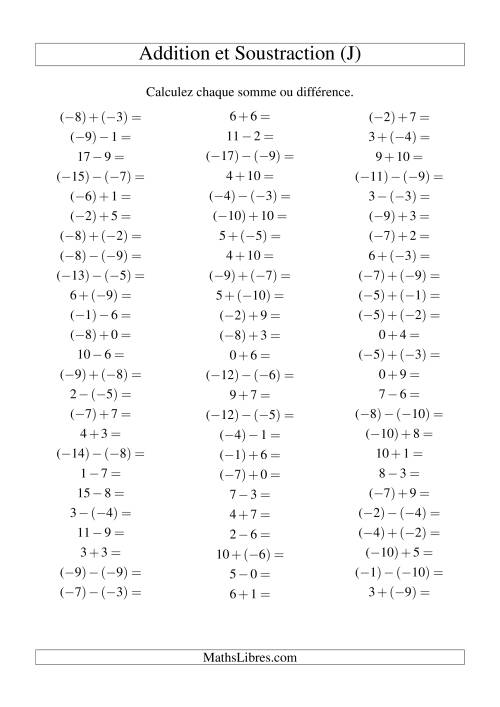 Addition et soustraction de nombres entiers avec parenthèses autour des entiers négatifs seulement (-10 à 10) (75 par page) (J)