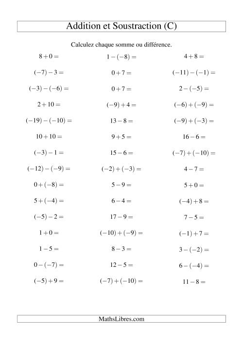 Addition et soustraction de nombres entiers avec parenthèses autour des entiers négatifs seulement (-10 à 10) (45 par page) (C)