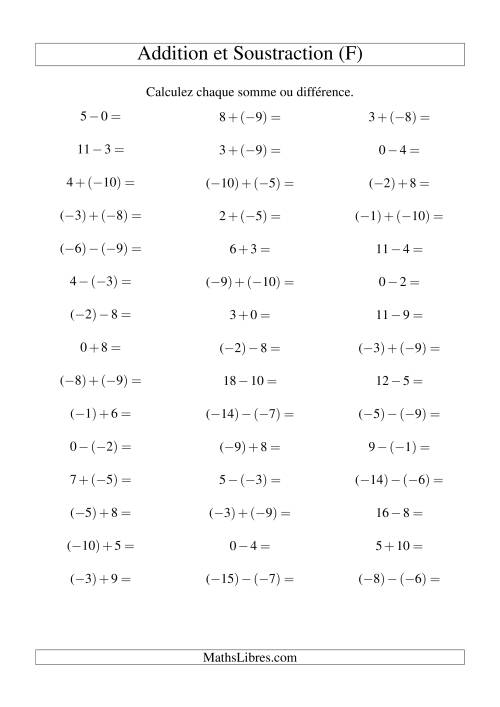Addition et soustraction de nombres entiers avec parenthèses autour des entiers négatifs seulement (-10 à 10) (45 par page) (F)