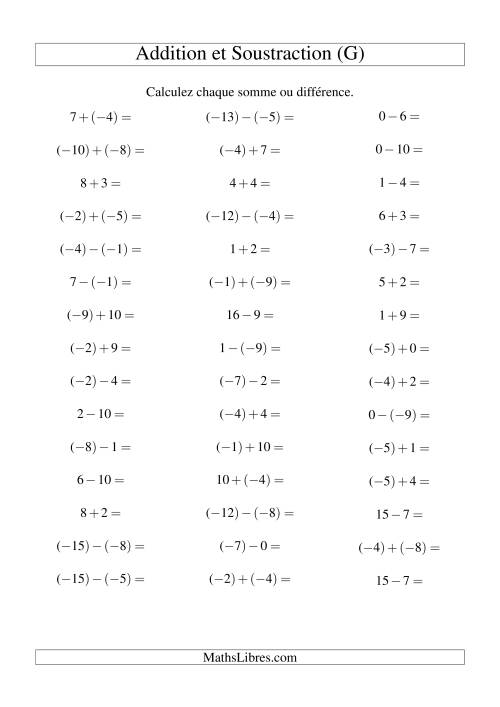 Addition et soustraction de nombres entiers avec parenthèses autour des entiers négatifs seulement (-10 à 10) (45 par page) (G)