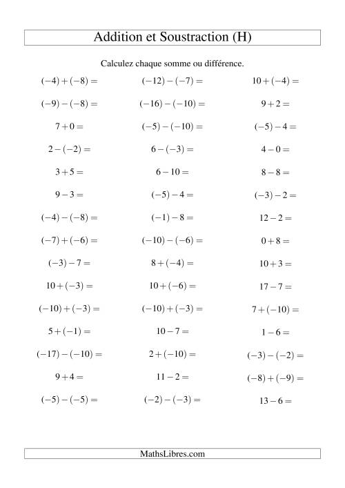 Addition et soustraction de nombres entiers avec parenthèses autour des entiers négatifs seulement (-10 à 10) (45 par page) (H)