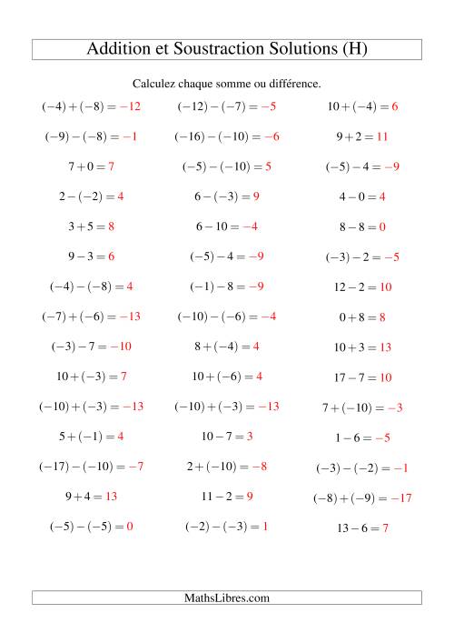 Addition et soustraction de nombres entiers avec parenthèses autour des entiers négatifs seulement (-10 à 10) (45 par page) (H) page 2
