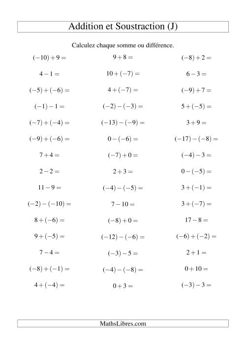 Addition et soustraction de nombres entiers avec parenthèses autour des entiers négatifs seulement (-10 à 10) (45 par page) (J)