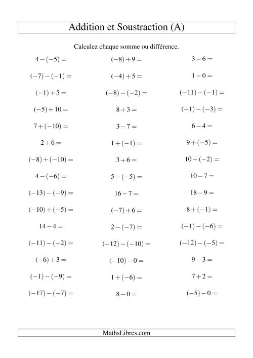 Addition et soustraction de nombres entiers avec parenthèses autour des entiers négatifs seulement (-10 à 10) (45 par page) (Tout)