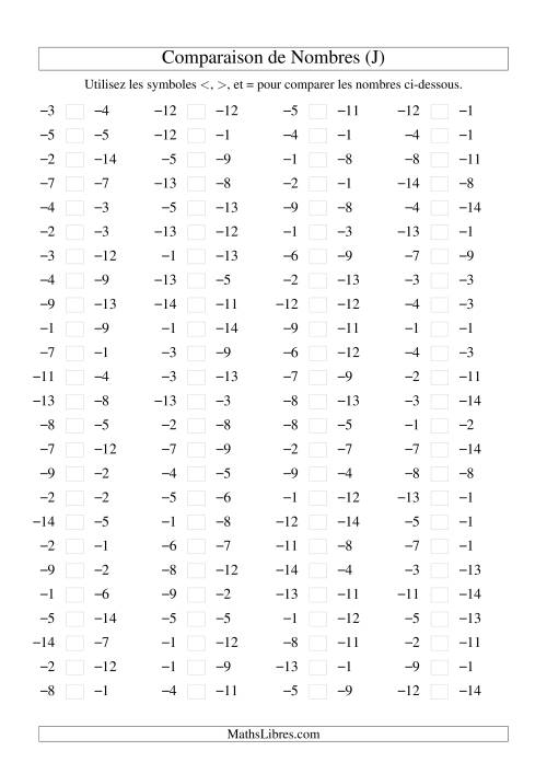 Comparaison de nombres entiers négatifs (-15 à -1) (100 par page) (J)