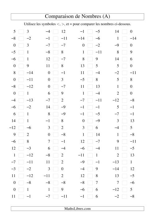 Comparaison de nombres entiers (-15 à 15) (100 par page) (A)