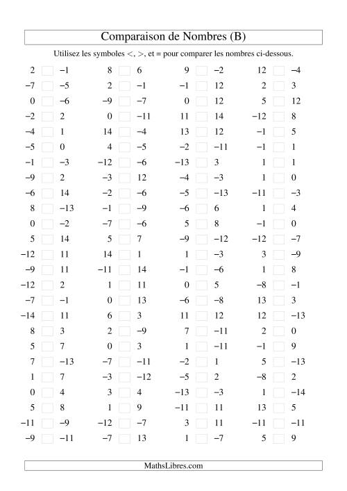 Comparaison de nombres entiers (-15 à 15) (100 par page) (B)