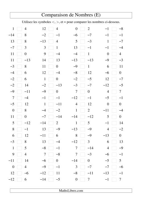 Comparaison de nombres entiers (-15 à 15) (100 par page) (E)