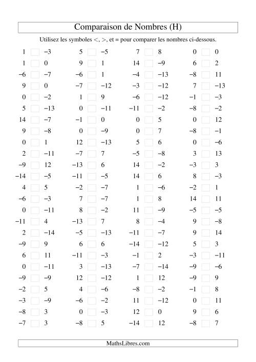 Comparaison de nombres entiers (-15 à 15) (100 par page) (H)