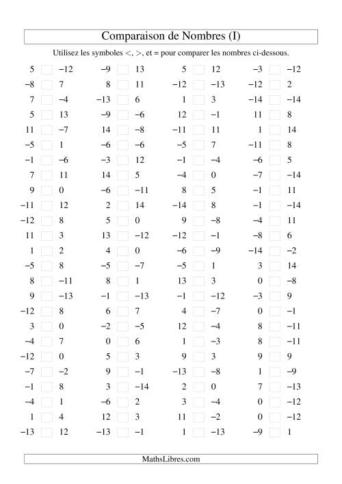 Comparaison de nombres entiers (-15 à 15) (100 par page) (I)