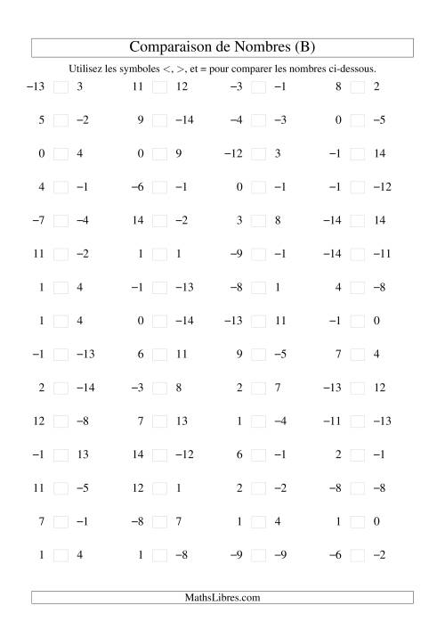 Comparaison de nombres entiers (-15 à 15) (60 par page) (B)