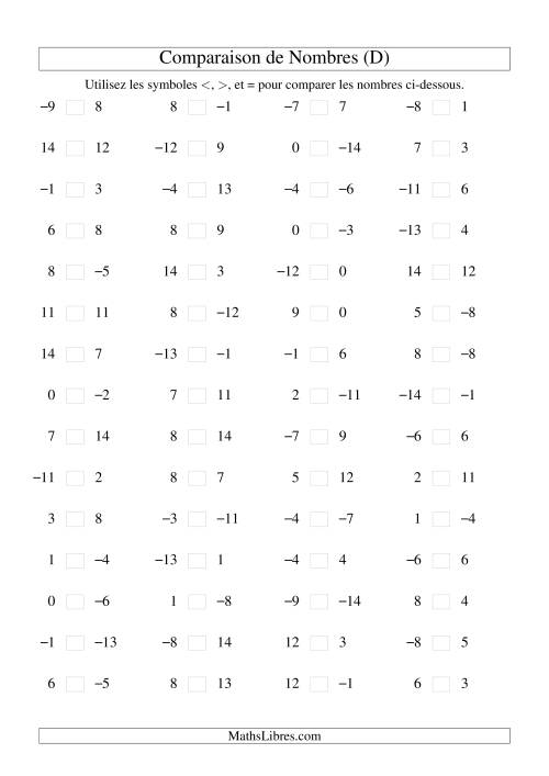 Comparaison de nombres entiers (-15 à 15) (60 par page) (D)