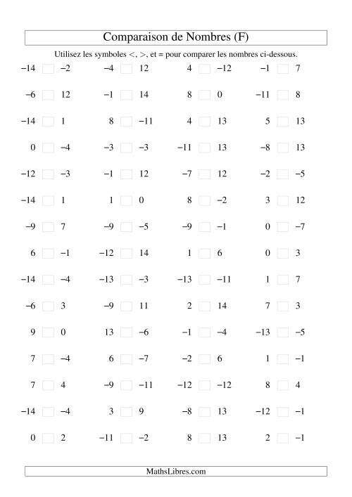 Comparaison de nombres entiers (-15 à 15) (60 par page) (F)