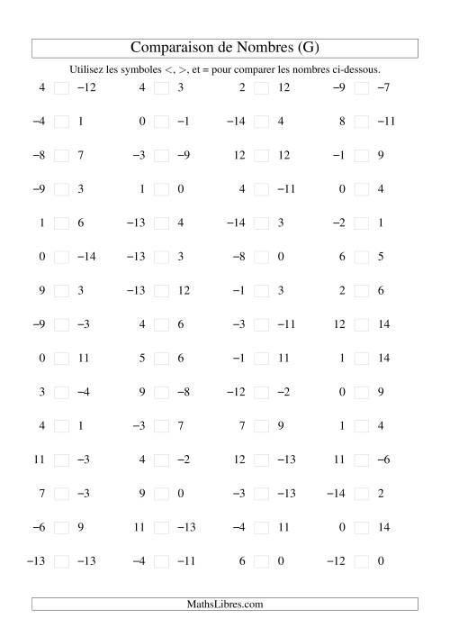Comparaison de nombres entiers (-15 à 15) (60 par page) (G)