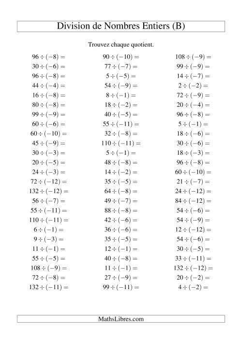 Division de nombres entiers -- Positif divisé par négatif (75 par page) (B)