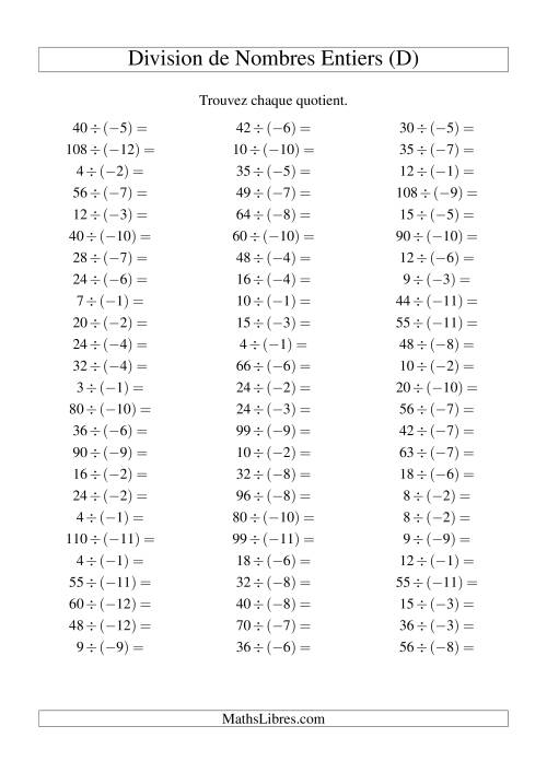 Division de nombres entiers -- Positif divisé par négatif (75 par page) (D)