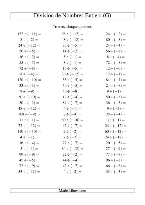 Division de nombres entiers -- Positif divisé par négatif (75 par page) (G)