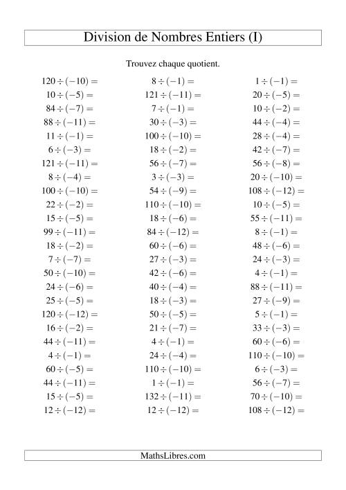 Division de nombres entiers -- Positif divisé par négatif (75 par page) (I)