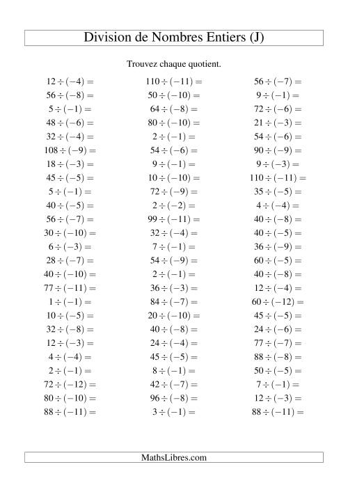 Division de nombres entiers -- Positif divisé par négatif (75 par page) (J)