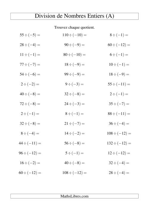 Division de nombres entiers -- Positif divisé par négatif (45 par page) (A)