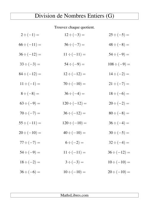 Division de nombres entiers -- Positif divisé par négatif (45 par page) (G)