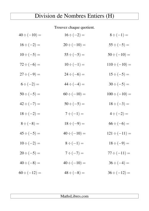 Division de nombres entiers -- Positif divisé par négatif (45 par page) (H)