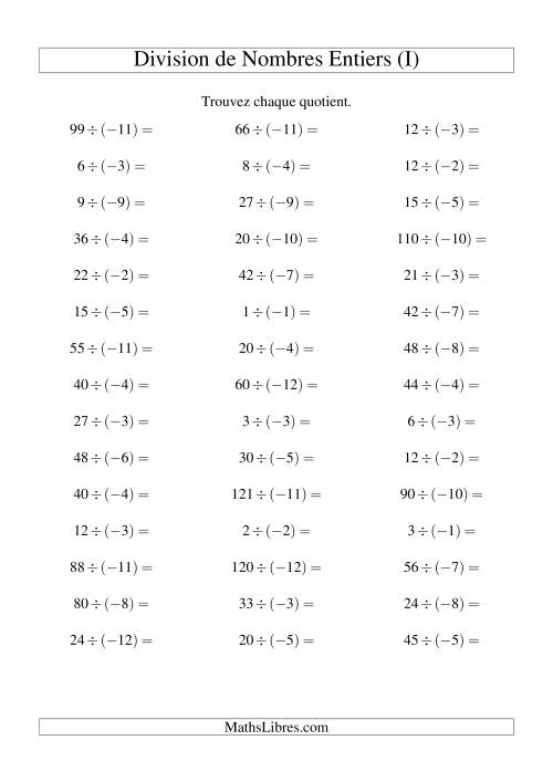Division de nombres entiers -- Positif divisé par négatif (45 par page) (I)