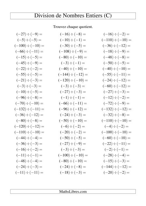 Division de nombres entiers -- Négatif divisé par négatif (75 par page) (C)